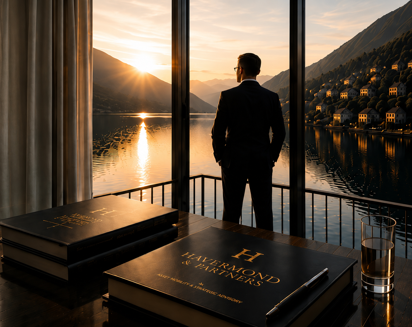 Dirigente di alto profilo davanti a una vetrata con vista sul lago al tramonto, con libri rilegati Havermond & Partners in primo piano